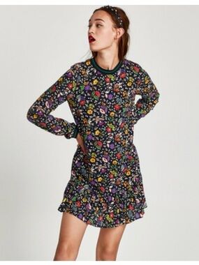 zara black dress with red flowers Small Flower Black Chiffon Dress XL main image 0